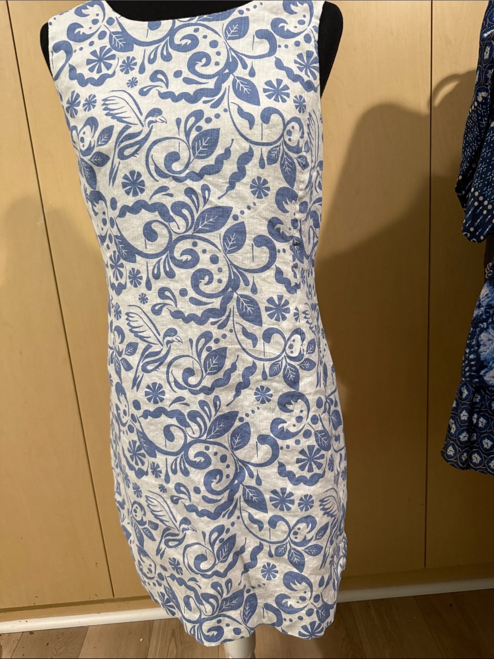 Sleeveless White and Blue Floral Sheath Dress